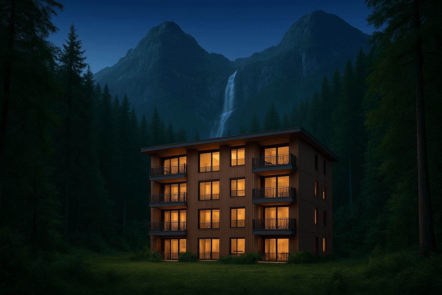 Mountains and forests with two cabins